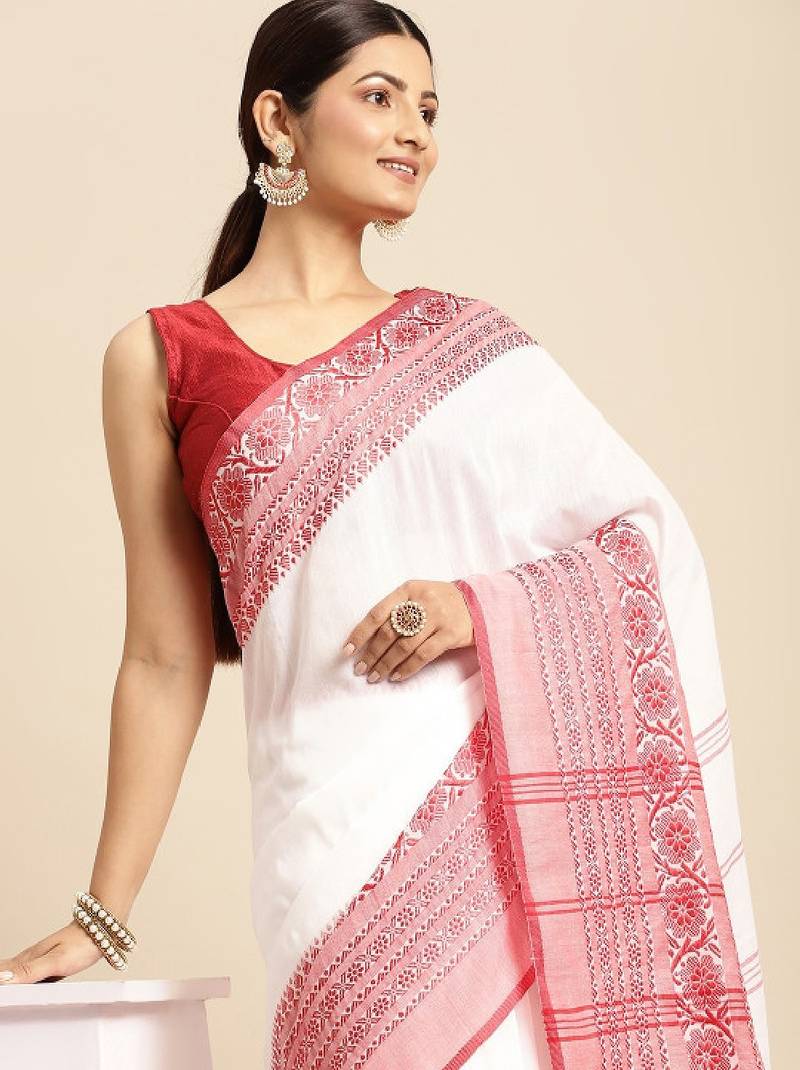 White & red solid pure cotton taant saree