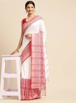White & red solid pure cotton taant saree 2