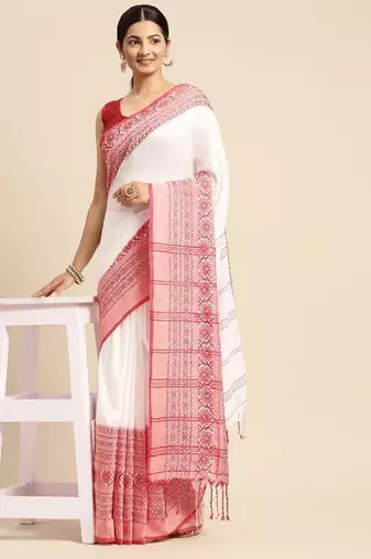 White & red solid pure cotton taant saree