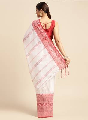 White & red solid pure cotton taant saree 3