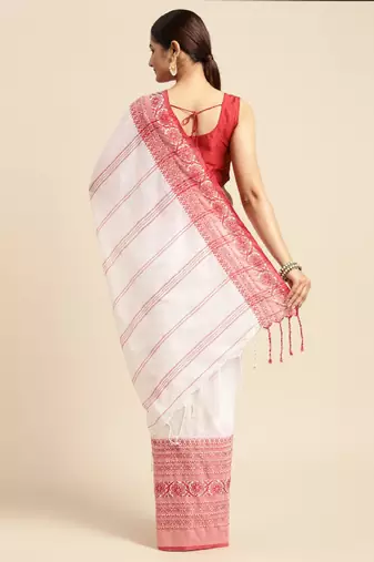 White & red solid pure cotton taant saree