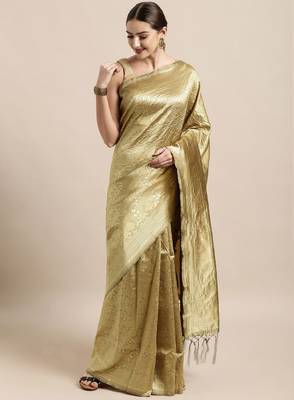 Cream-coloured & gold-toned woven design zari silk blend banarasi saree 1