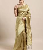 Cream-coloured & gold-toned woven design zari silk blend banarasi saree