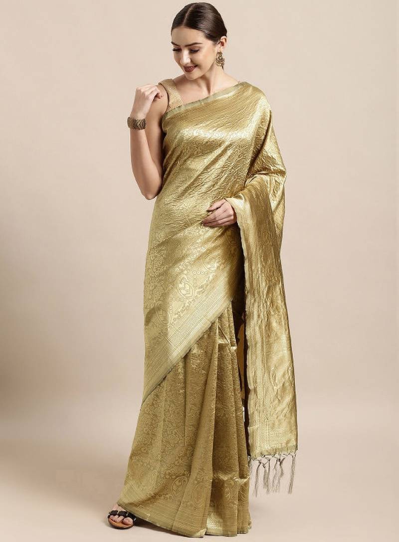 Cream-coloured & gold-toned woven design zari silk blend banarasi saree