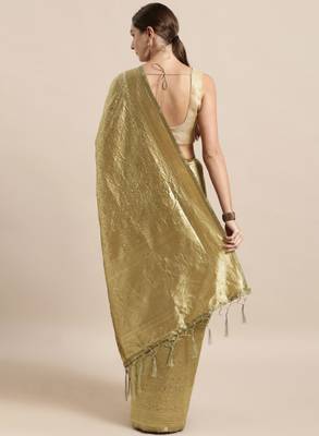 Cream-coloured & gold-toned woven design zari silk blend banarasi saree 2