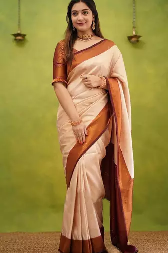 cream silk blend kanjeevaram saree with zari woven