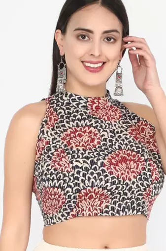 Multi cotton ajrak printed non padded blouse