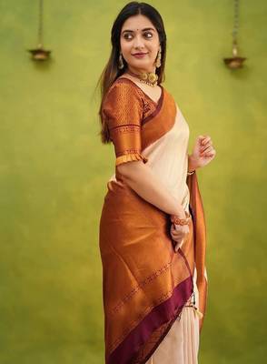 Ethnic motifs woven design zari silk blend kanjeevaram saree 3