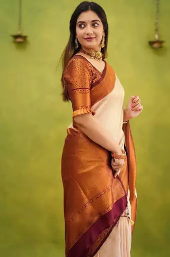cream silk blend kanjeevaram saree with zari woven