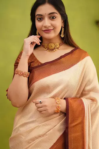 cream silk blend kanjeevaram saree with zari woven