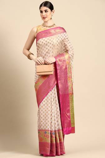 off white silk cotton kasavu saree with zari work