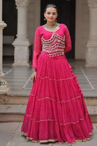 hot pink art silk printed ghagra choli