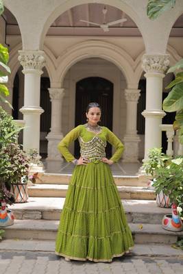 parrot green art silk printed ghagra choli 1
