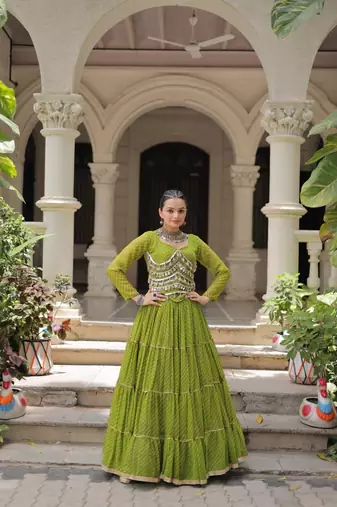 parrot green art silk printed ghagra choli