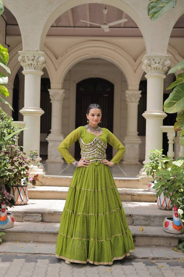 parrot green art silk printed ghagra choli