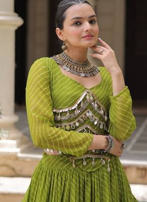 parrot green art silk printed ghagra choli 2