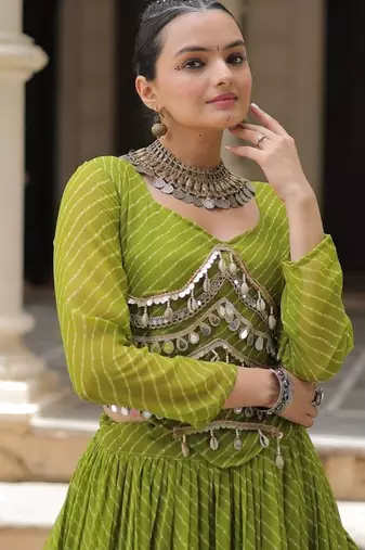 parrot green art silk printed ghagra choli