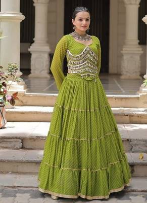 parrot green art silk printed ghagra choli 3