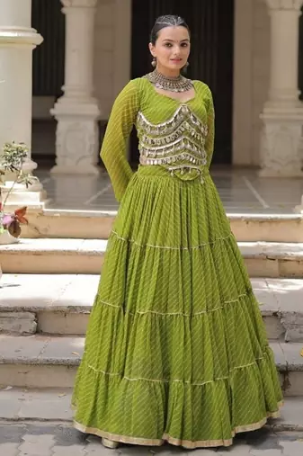 parrot green art silk printed ghagra choli
