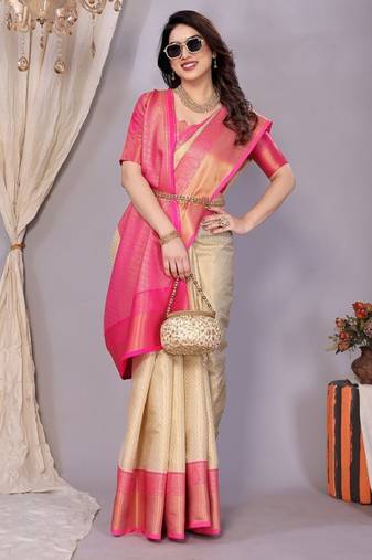 cream zari work pure silk kanjeevaram saree with unstitched blouse