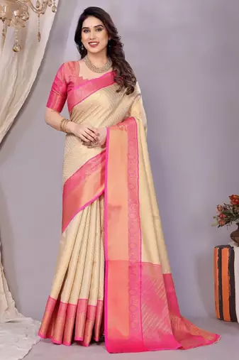 cream zari work pure silk kanjeevaram saree with unstitched blouse