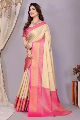 cream zari work pure silk kanjeevaram saree with unstitched blouse