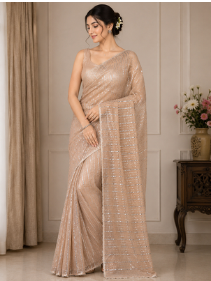 Cream Color Beads Work Net Saree 1