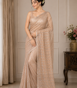 Cream Color Beads Work Net Saree