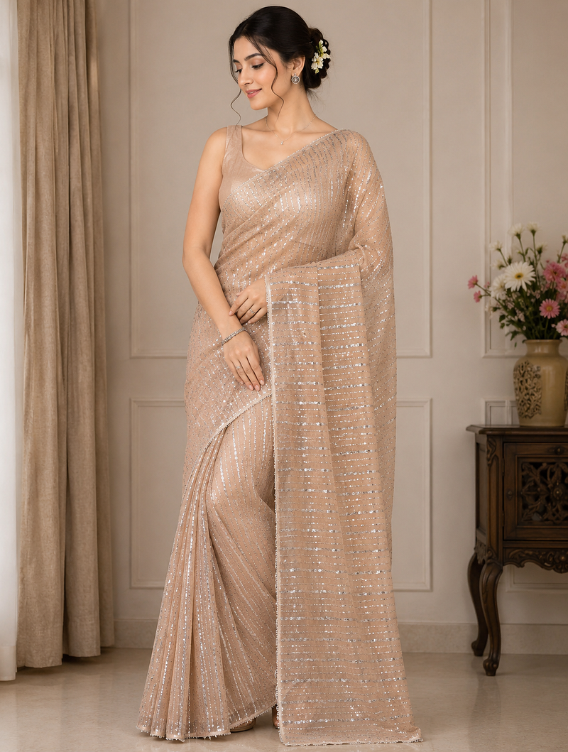 Cream Color Beads Work Net Saree