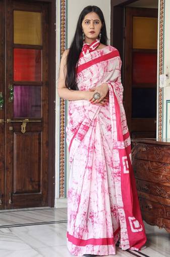 Tie and dye pure cotton block print saree