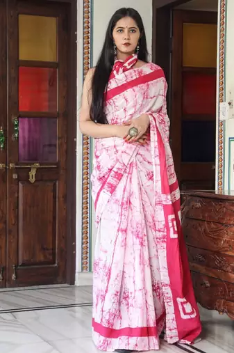 Tie and dye pure cotton block print saree