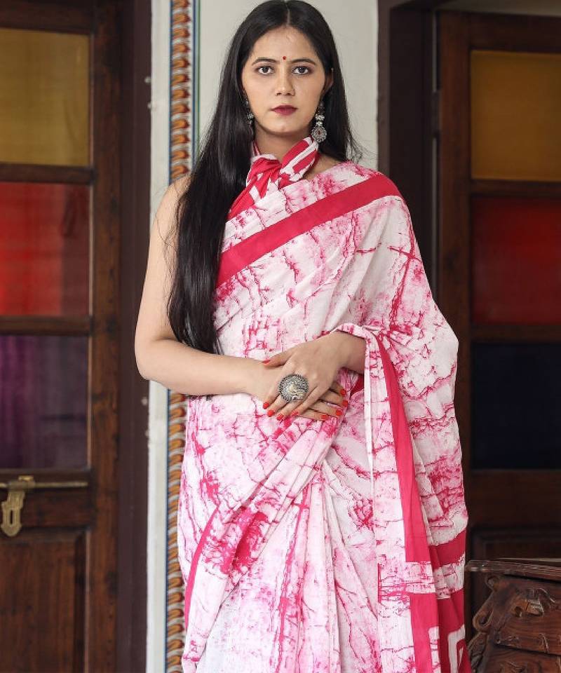 Tie and dye pure cotton block print saree