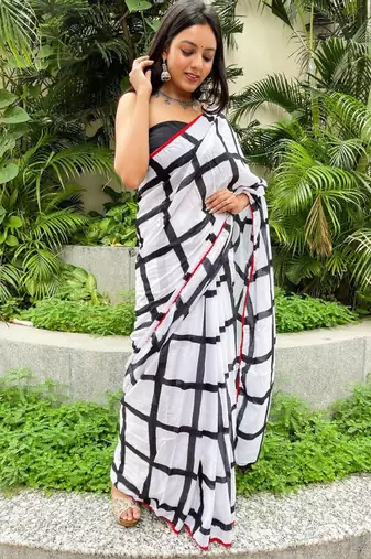 Checked pure cotton handloom bagru saree