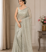 Light Green Color Beads Work Net Saree