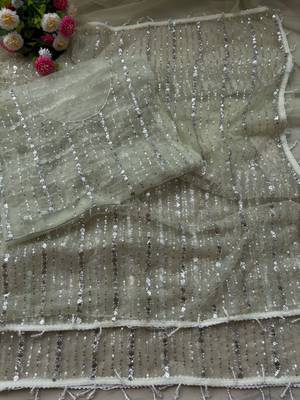 Light Green Color Beads Work Net Saree 2