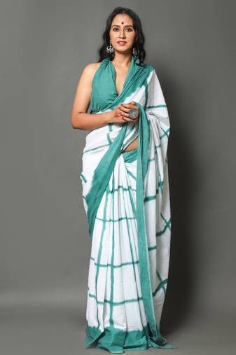 white checked bandhani printed pure cotton saree