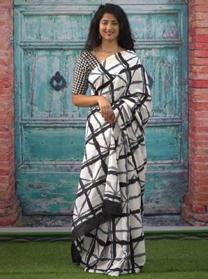 Checked pure cotton block print saree 1