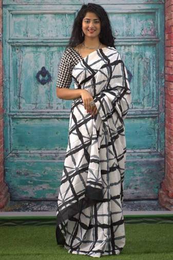 white checked block printed pure cotton saree