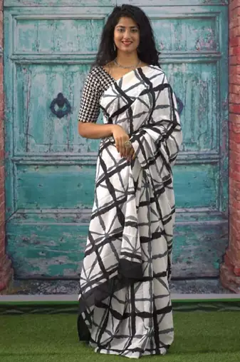 Checked pure cotton block print saree