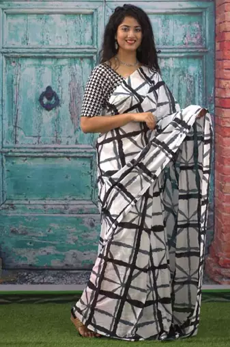 Checked pure cotton block print saree