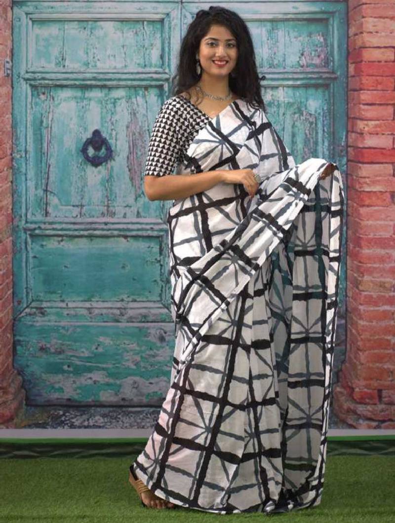 Checked pure cotton block print saree