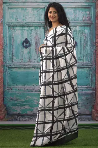 Checked pure cotton block print saree