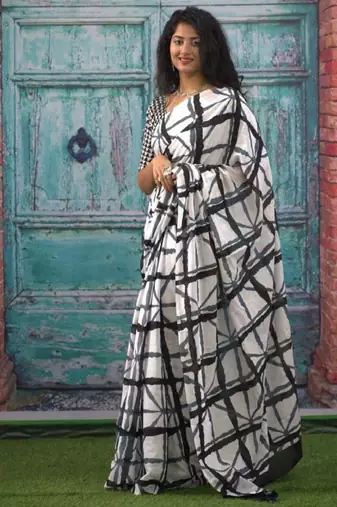 Checked pure cotton block print saree