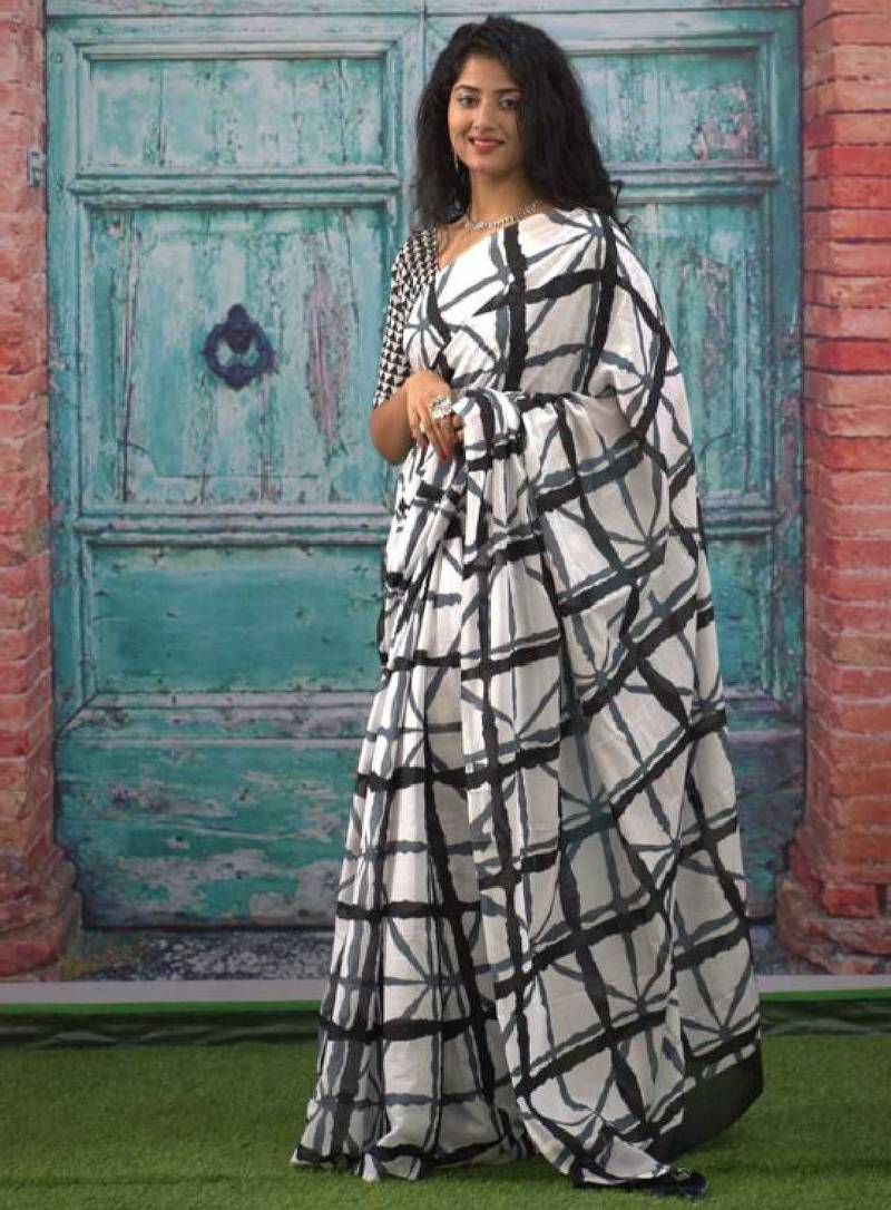 Checked pure cotton block print saree