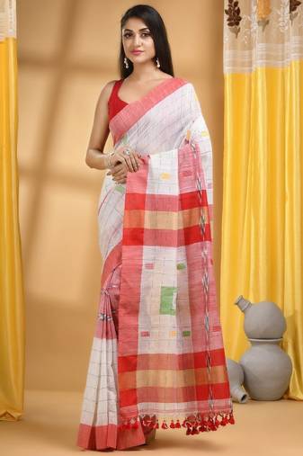 white pure cotton khadi saree with checked pattern