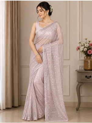 Light Pink Color Beads Work Net Saree 1