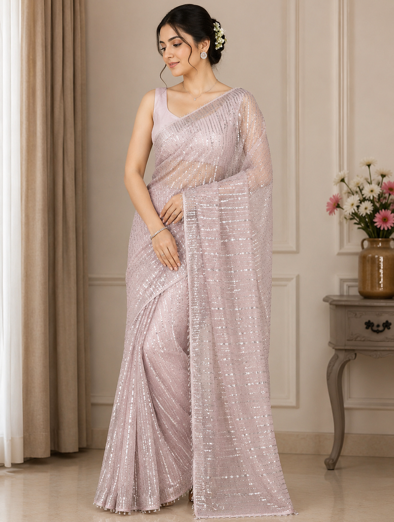 Light Pink Color Beads Work Net Saree