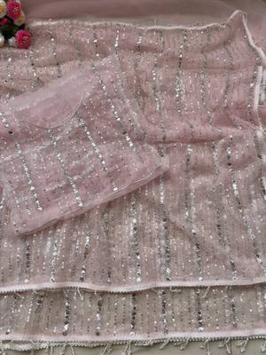 Light Pink Color Beads Work Net Saree 2