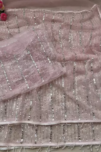 Light Pink Color Beads Work Net Saree