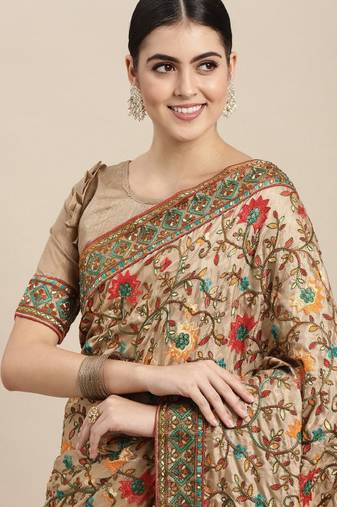 beige and olive green silk blend saree with floral embroidered design